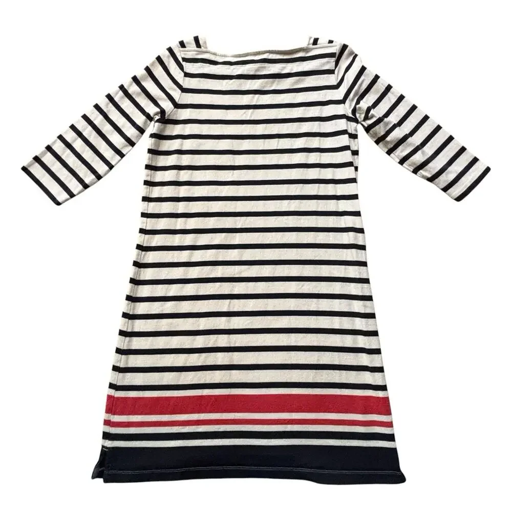 LL Bean Nautical Stripe Cotton Dress Square Neck 3/4 Sleeve Small Preppy